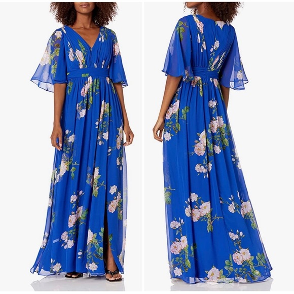 Adrianna Papell Royal Blue Multi Floral Chiffon Dress with Flutter Sleeves sz 0 - Picture 1 of 16